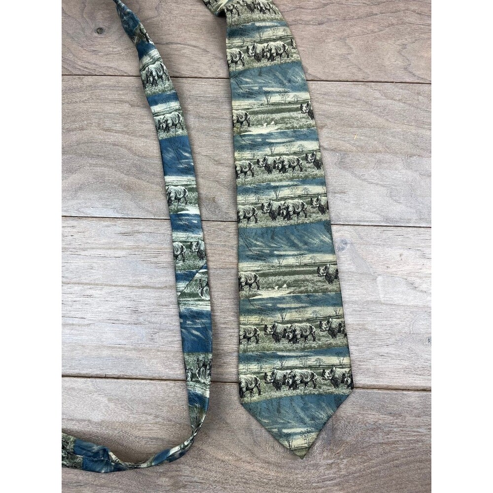 Endangered Species Men's Silk Tie Rhino Pattern Blue Green Landscape